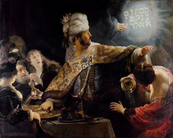 Rembrandt, Belshazzar's Feast, 1635, (National Gallery, London). The message is written in vertical lines starting at the top right corner, with "upharsin" taking two lines.